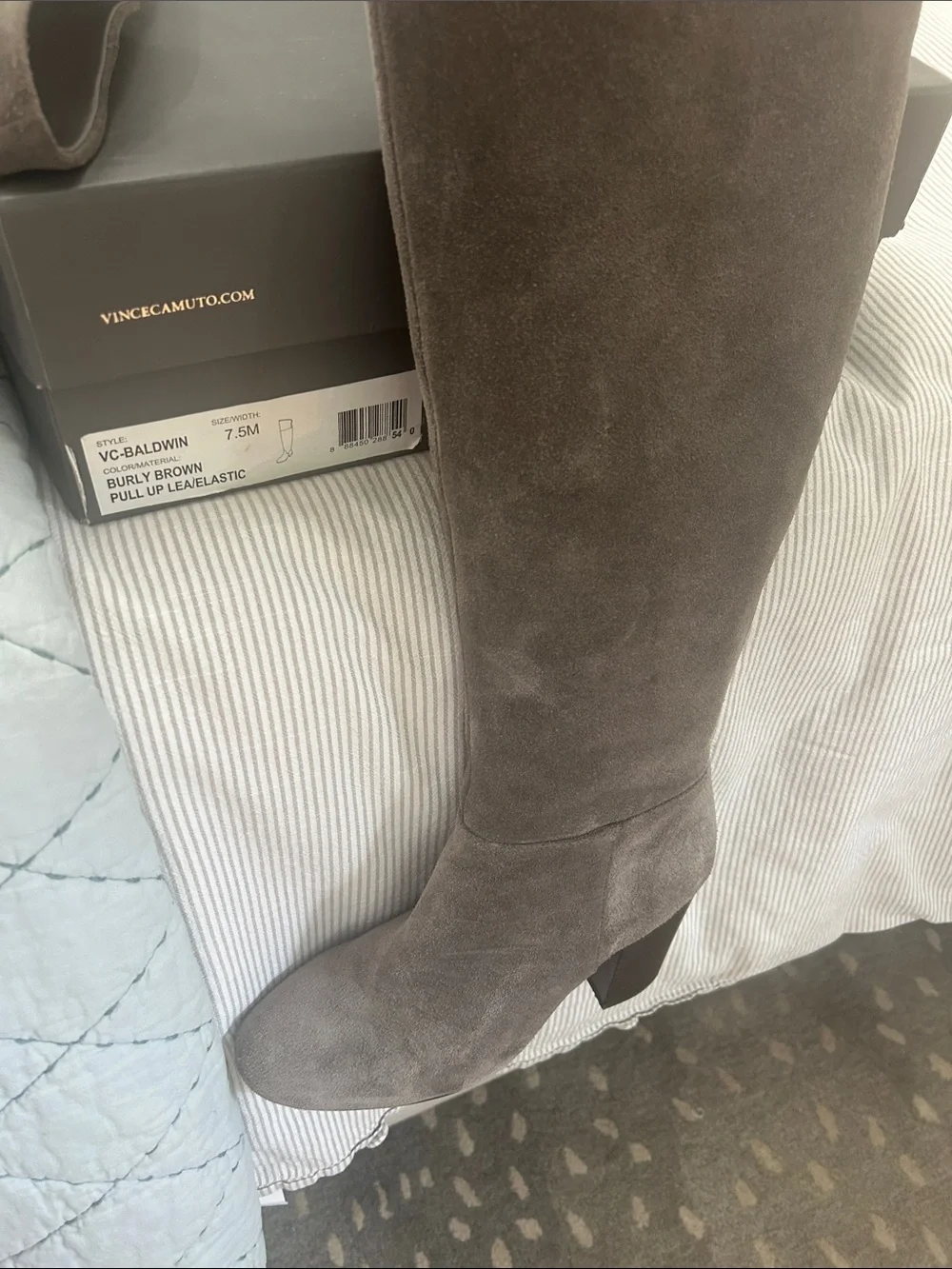 Womens Gray Suede Knee-High Block Heel Boots